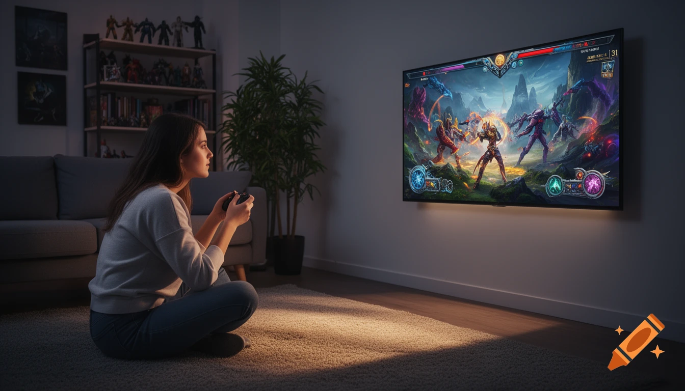A woman sits on the floor playing a video game on a large TV in a dimly lit living room.