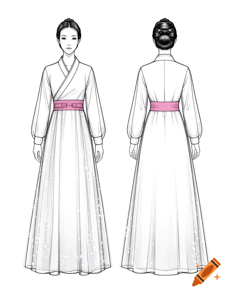 Front and back technical sketch of a traditional Chinese Hanfu dress with a pink sash and sheer, glittered skirt.
