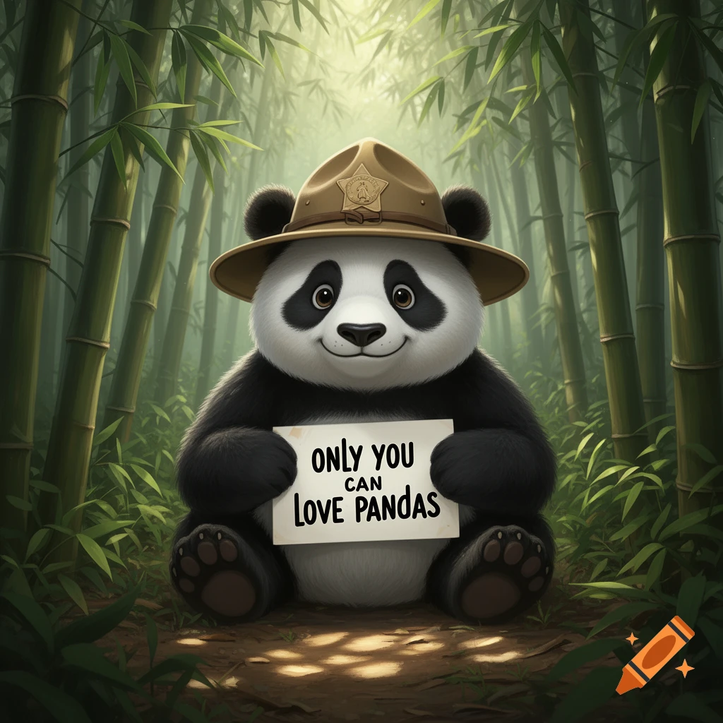 A cute cartoon panda wearing a park ranger hat sits in a bamboo forest, holding a sign that says 'ONLY YOU CAN LOVE PANDAS'.