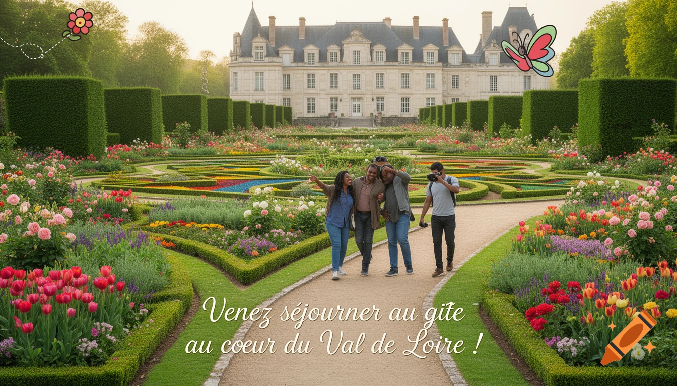 Four people explore the colorful ornamental gardens of a large chateau, with a cartoon flower and butterfly, and French text promoting a gite.