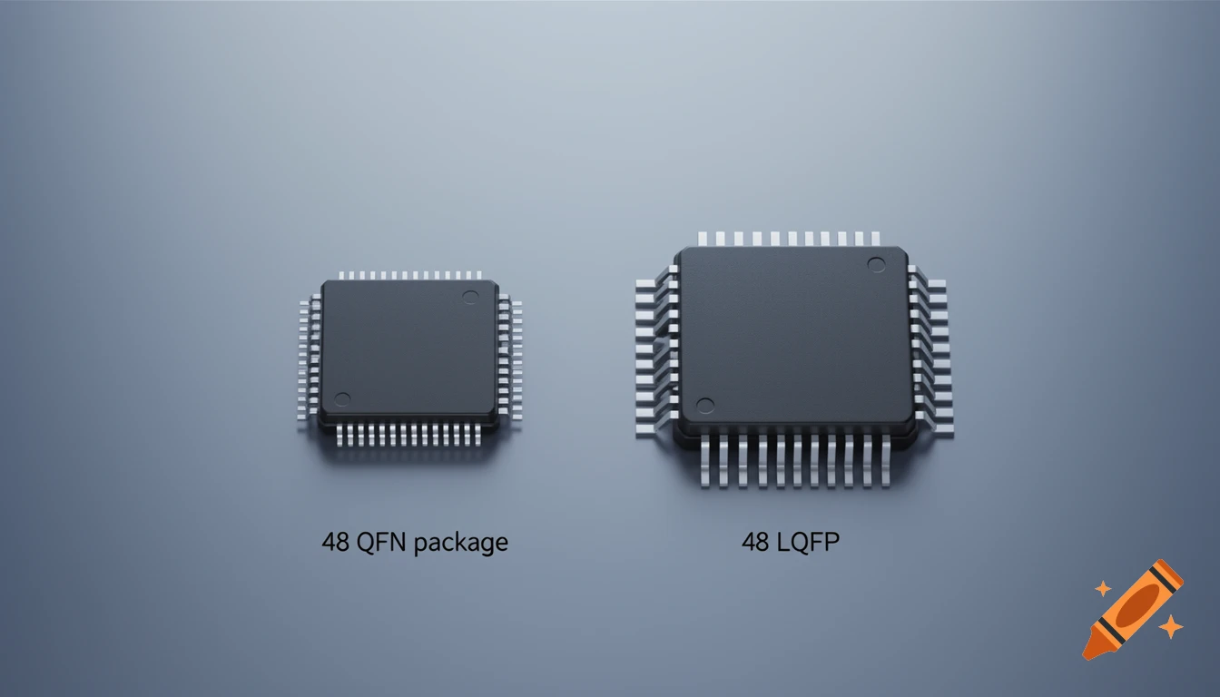 Two photorealistic microcontroller packages, labeled '48 QFN package' and '48 LQFP', are displayed side-by-side.