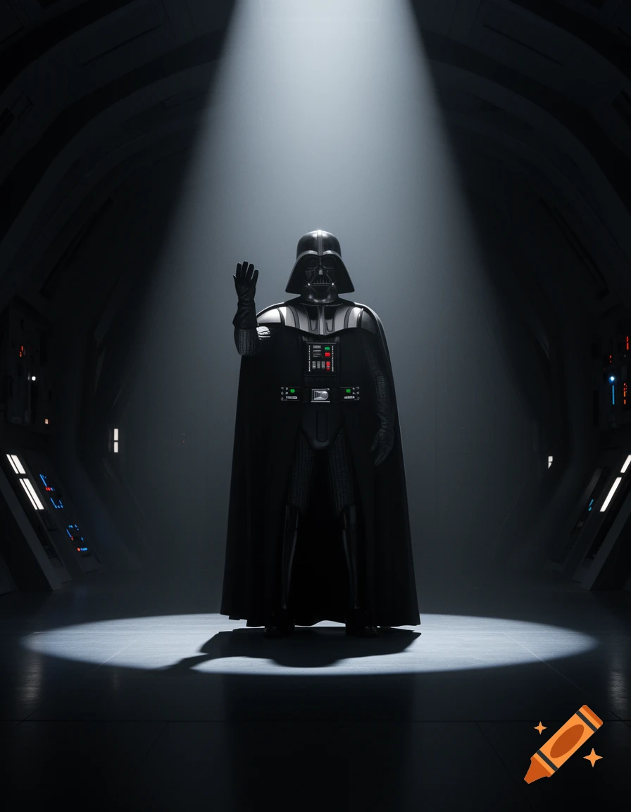 Photorealistic image of Darth Vader standing under a bright spotlight in a dark, futuristic corridor, raising his right hand.