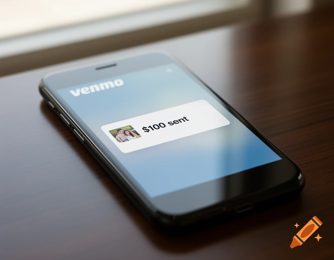 Close-up of a smartphone displaying the Venmo app with a "$100 sent" notification.