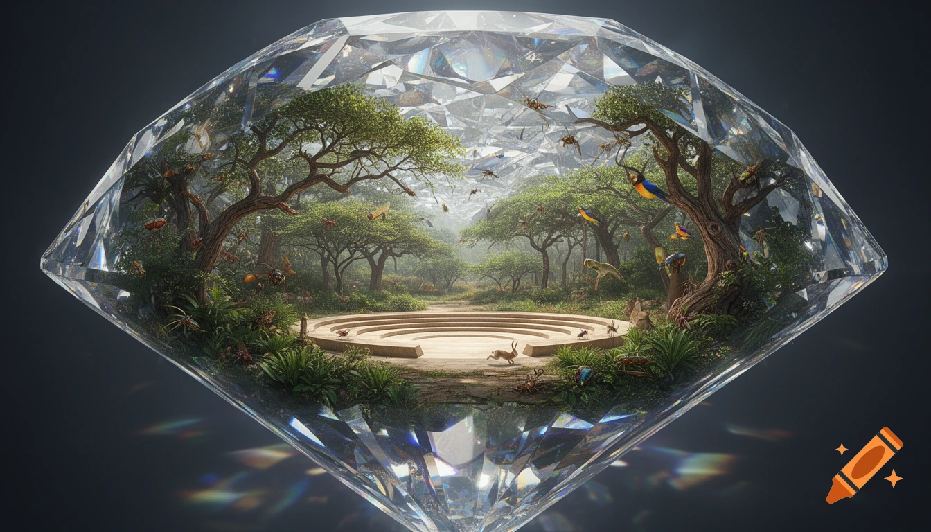 A large, faceted diamond encapsulates a lush wilderness with trees, birds, insects, a hare, and a circular amphitheater.