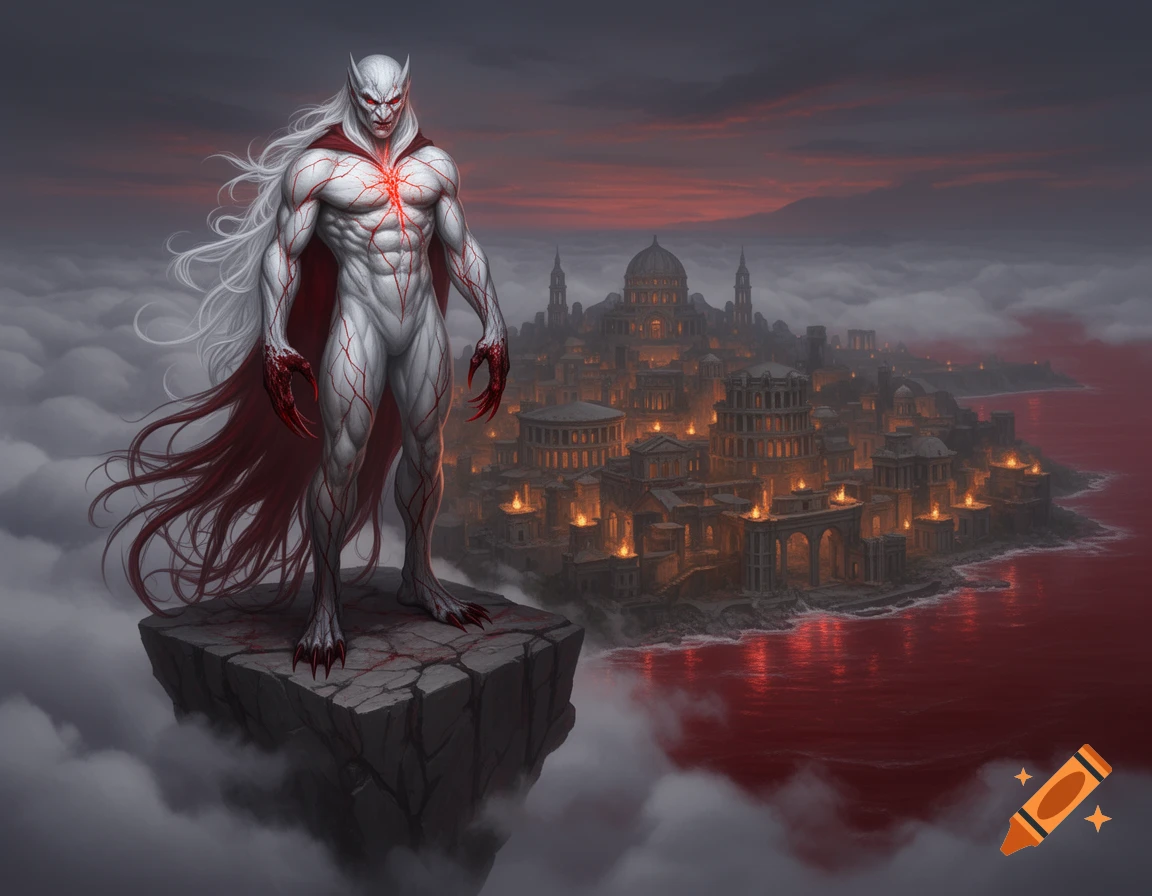 A white-skinned vampire with red veins and claws stands on a rock above clouds, overlooking a dark Roman city and a sea of blood under a stormy red sky.