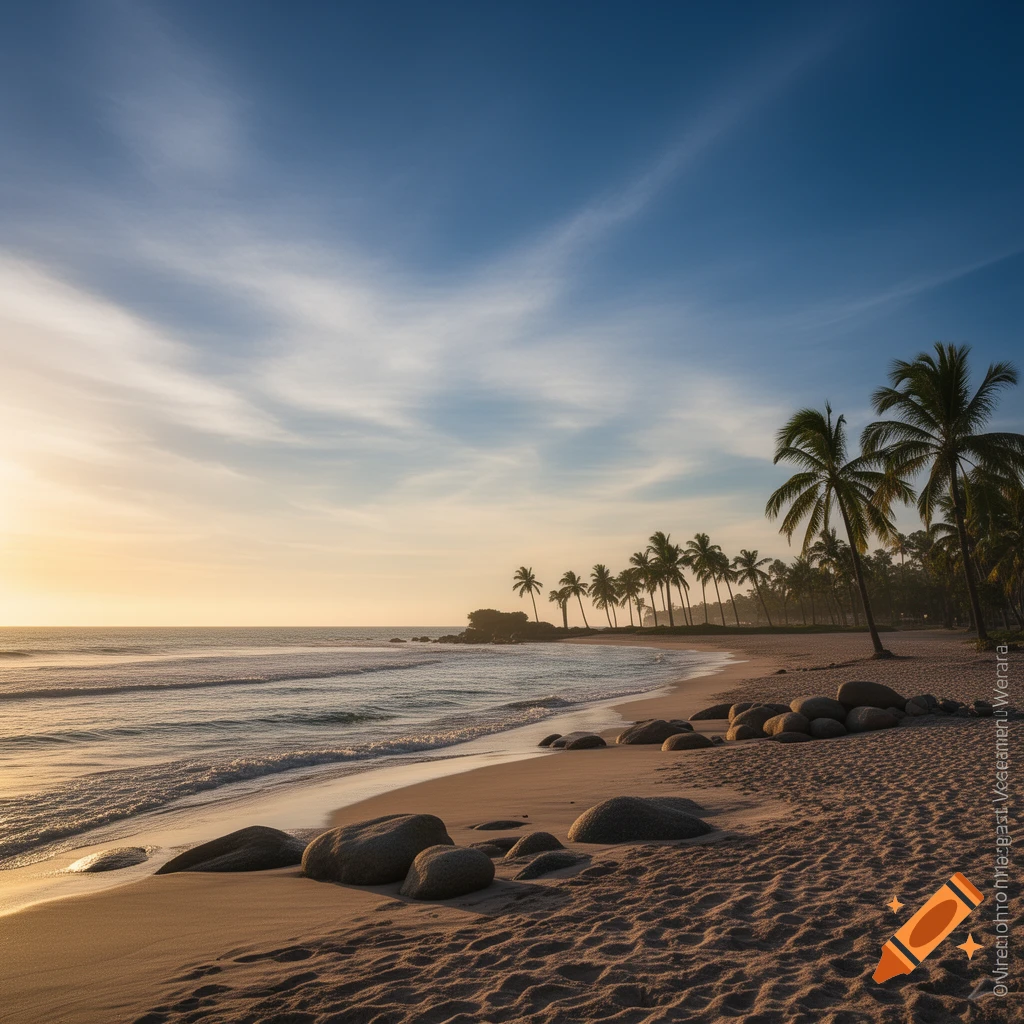 Photorealistic tropical beach at sunset with waves, rocks, and palm trees.