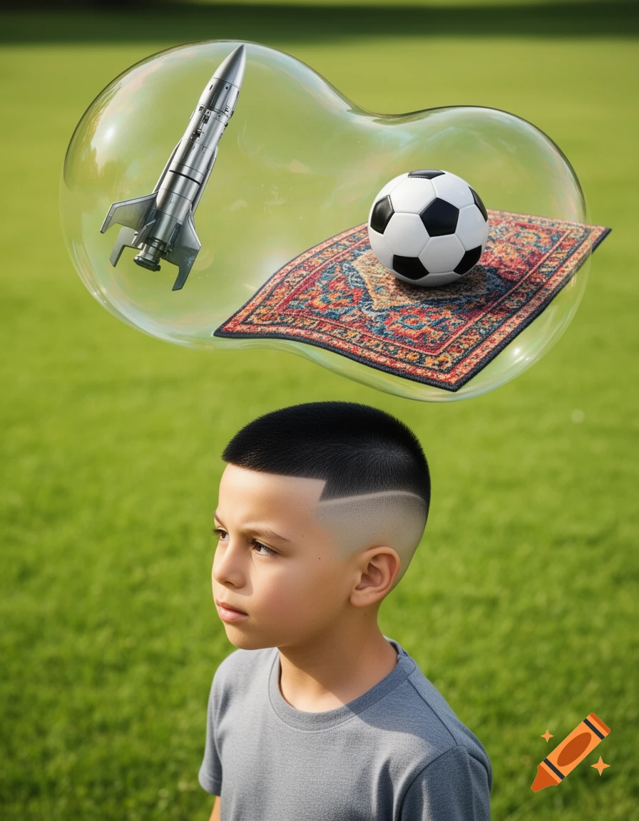 A young boy with a fade haircut looks at a dream bubble with a rocket, soccer ball, and patterned rug, against green grass.