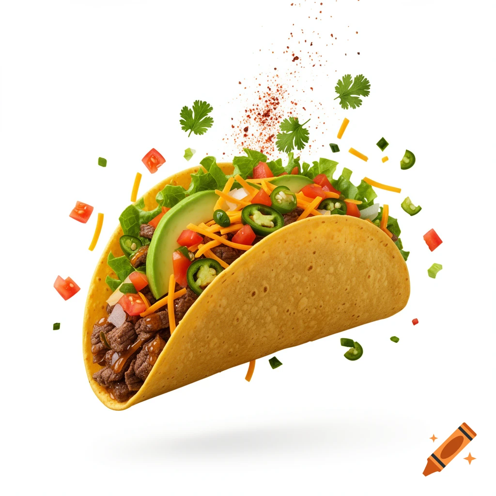 A vibrant hard-shell taco with beef, fresh vegetables, and spices floating around it on a white background.