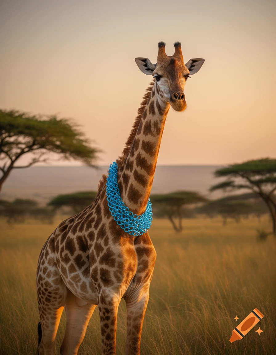 A photorealistic giraffe wearing a blue beaded necklace stands in a golden savanna at sunset.