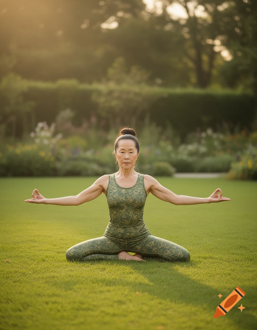 An older Asian woman meditates in a green yoga outfit on a sunny grassy lawn in a garden.