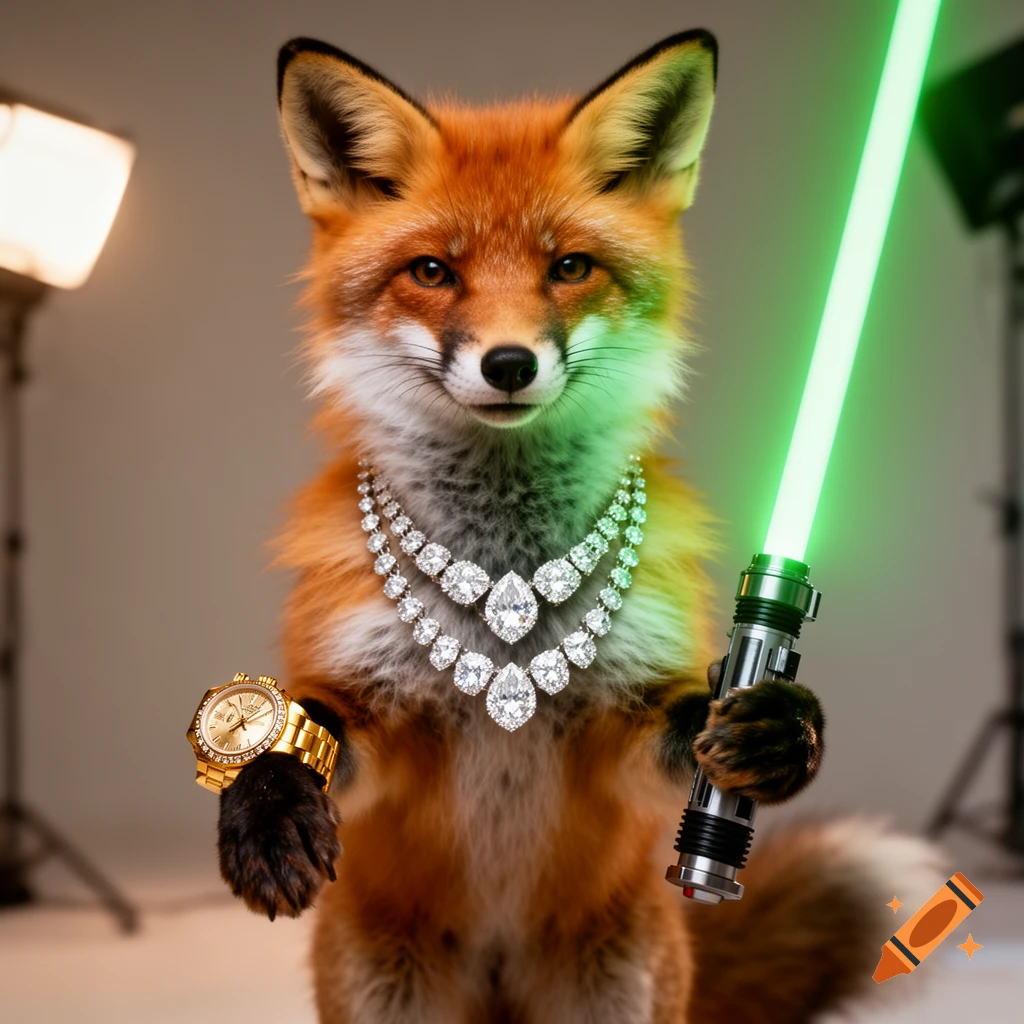 A photorealistic fox, adorned with diamond necklaces and a gold Rolex, wields a glowing green lightsaber in a studio.