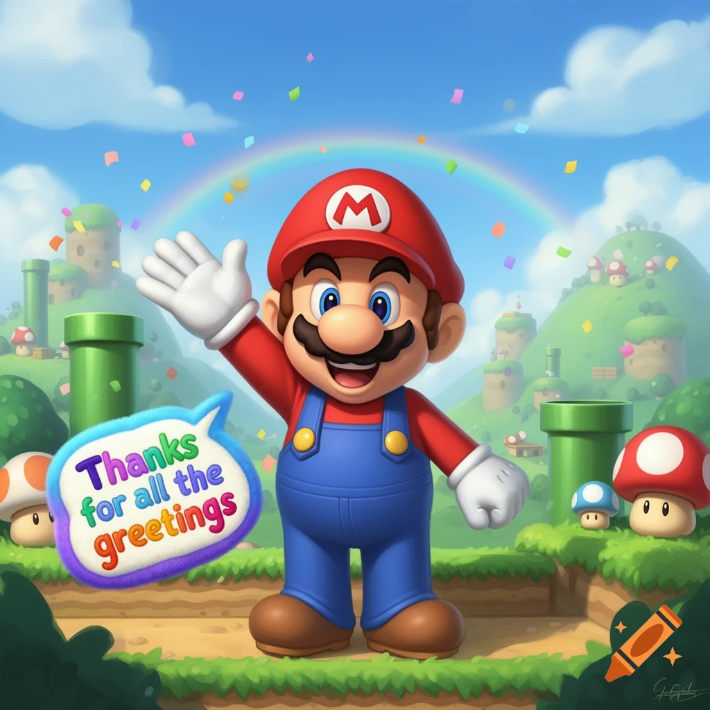 Super Mario waves and smiles in a vibrant, colorful landscape with a rainbow and confetti, with a speech bubble saying 'Thanks for all the greetings'.
