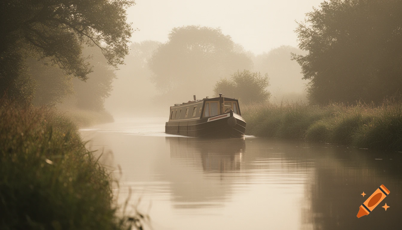A narrowboat on a misty, calm English canal, surrounded by green reeds and trees, bathed in soft, diffused morning light.