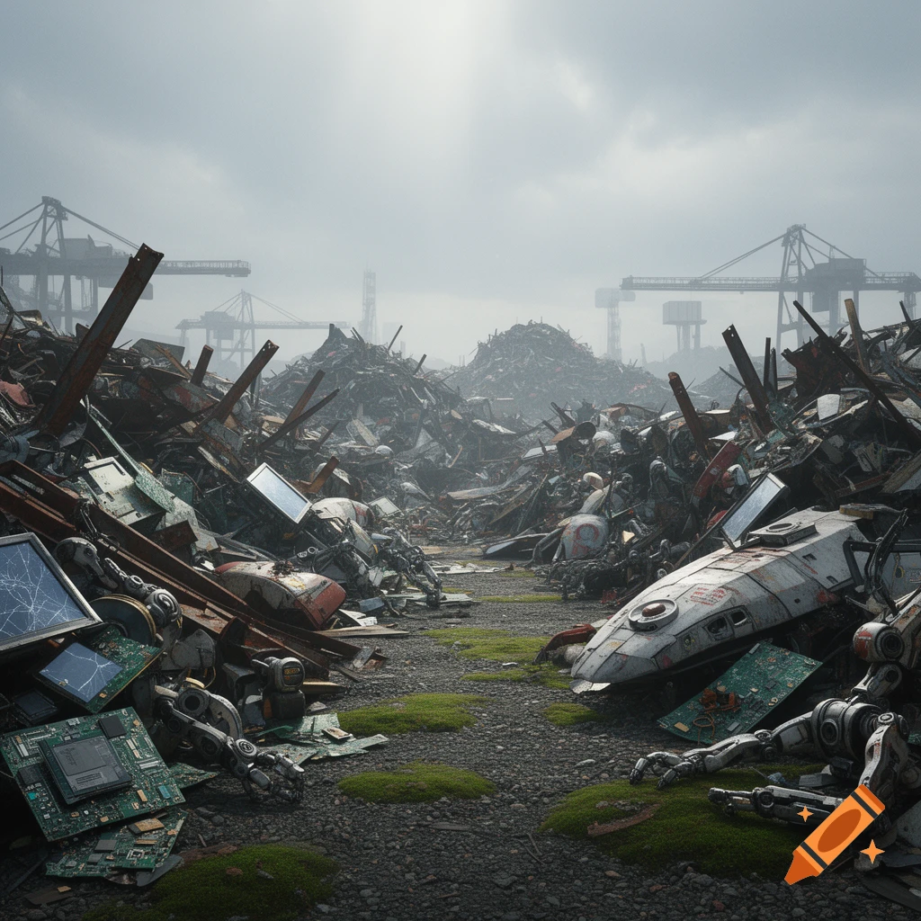 Vast photorealistic technofantasy scrap yard with piles of metal, electronic waste, and robot parts under a cloudy sky, industrial cranes visible.