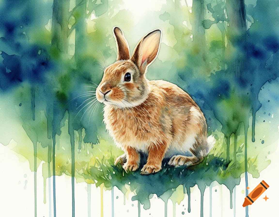 A watercolor painting of a brown rabbit sitting amidst green and blue foliage, with paint drips at the bottom.