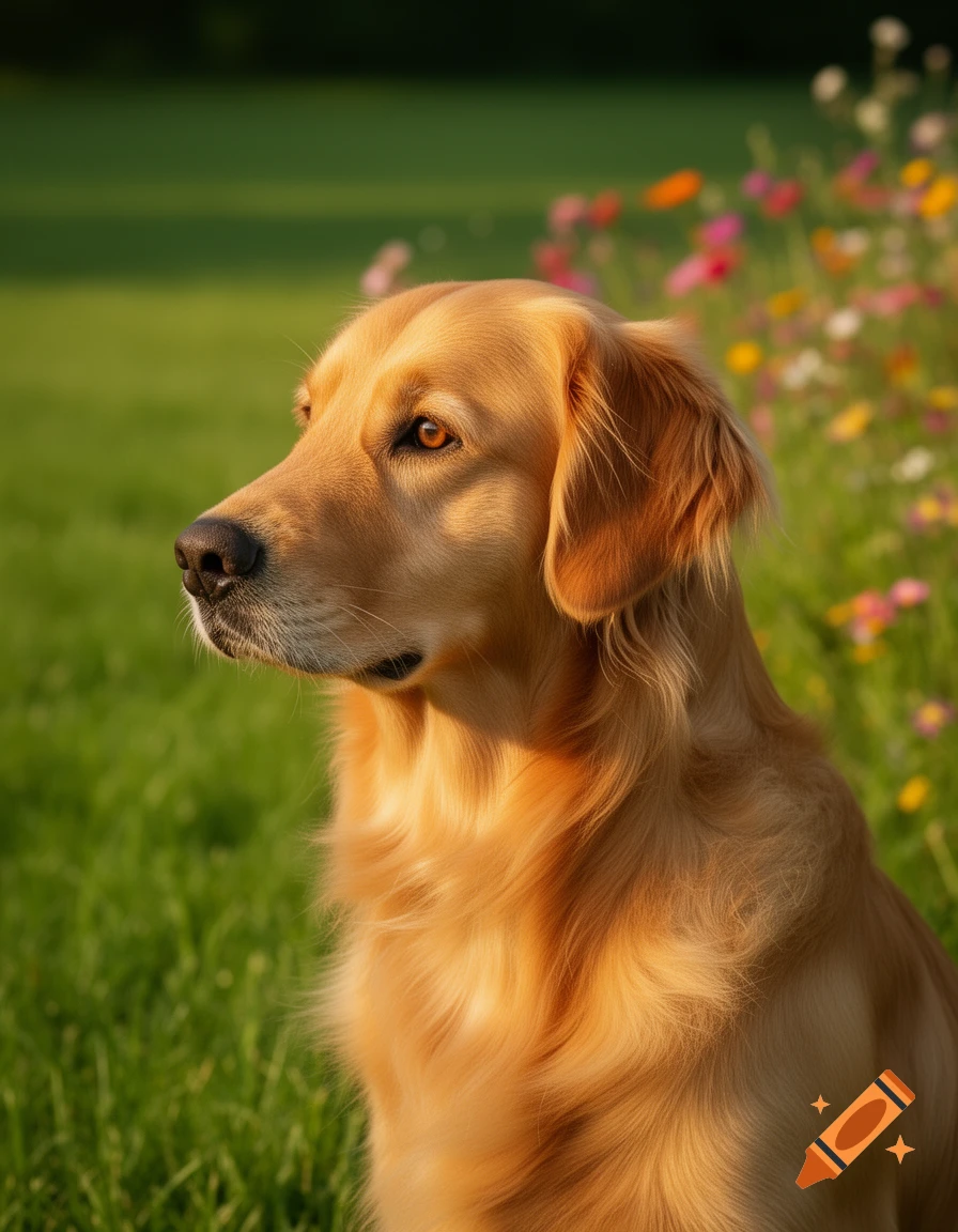 Photorealistic image of a Golden Retriever dog sitting in profile in a ...