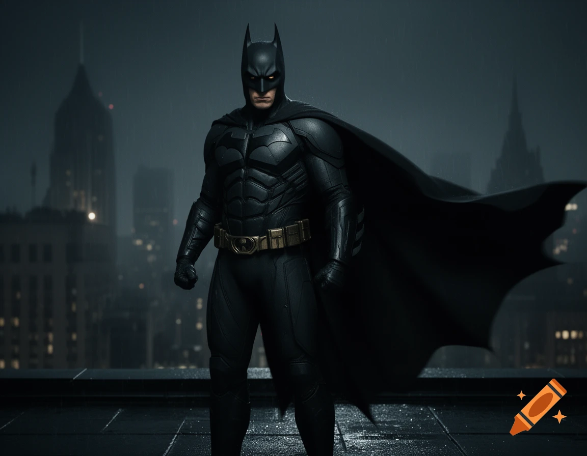 Photorealistic depiction of Batman in his black suit and cape, standing on a rooftop overlooking a dark, rainy cityscape.