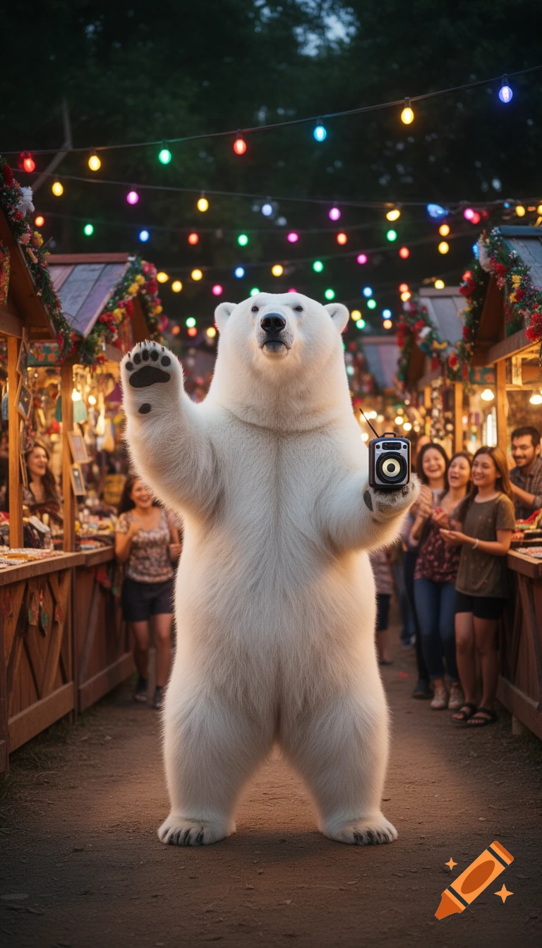 A white polar bear stands upright in a festive outdoor market, holding a small speaker and waving, surrounded by colorful lights and people.