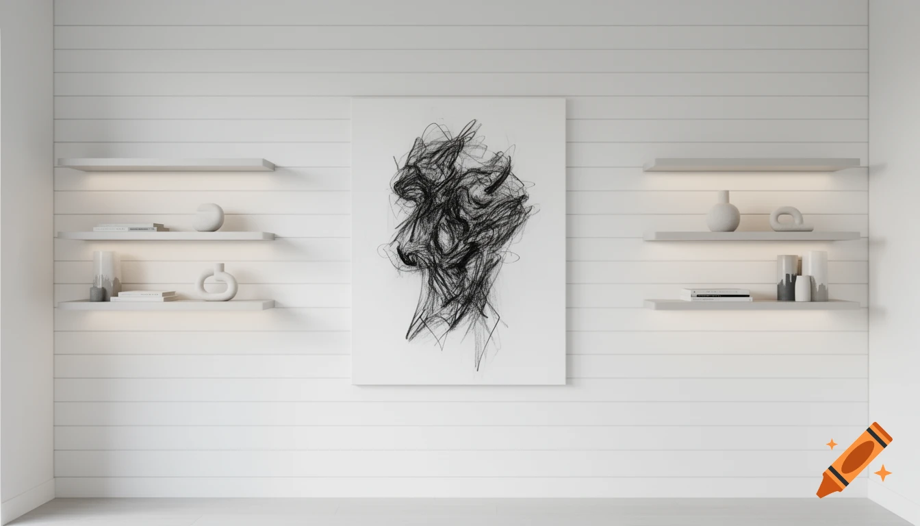 A modern minimalist room featuring white horizontal tongue and groove walls. Floating shelves on both sides display various white and grey decor, while a large black charcoal abstract artwork hangs centrally.