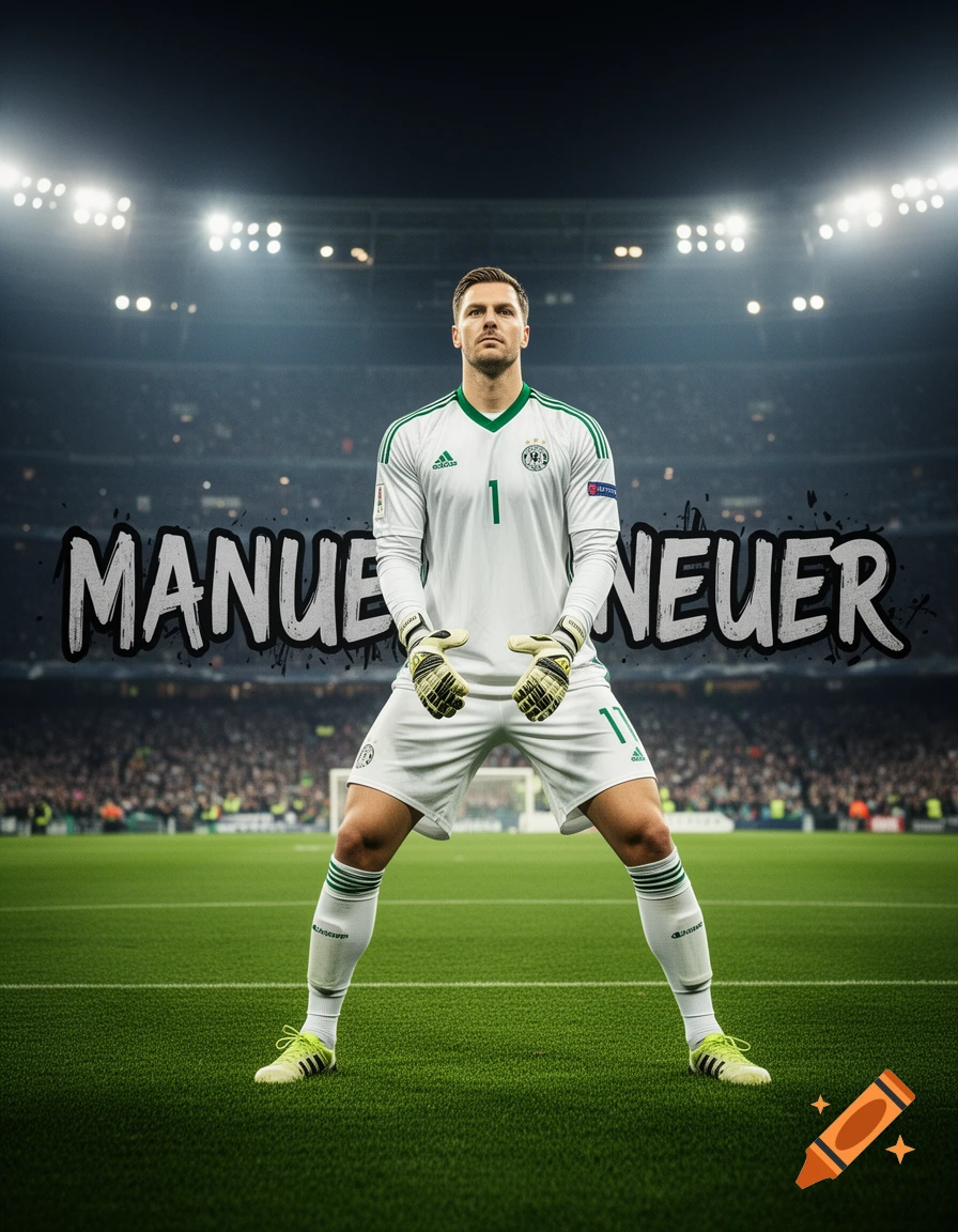 Photorealistic image of soccer goalkeeper Manuel Neuer in his white uniform on a stadium field, with his name in large text behind him.