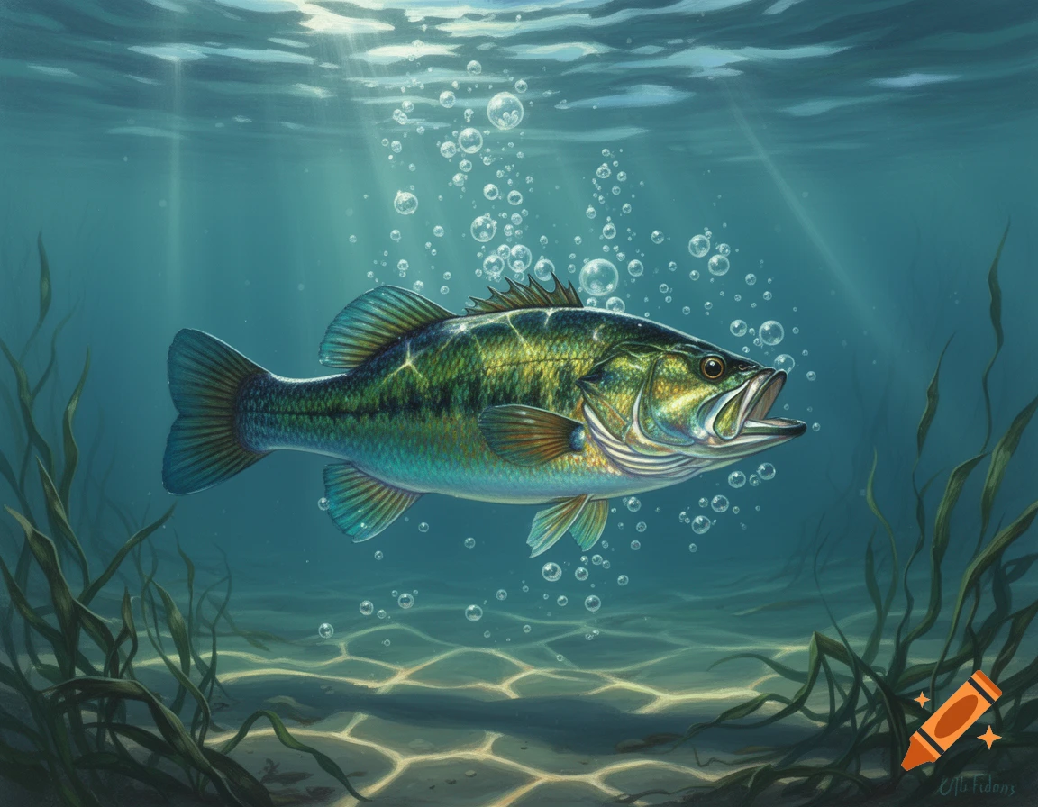 A detailed drawing of a large bass fish swimming underwater, surrounded by bubbles with sunlight filtering from above.