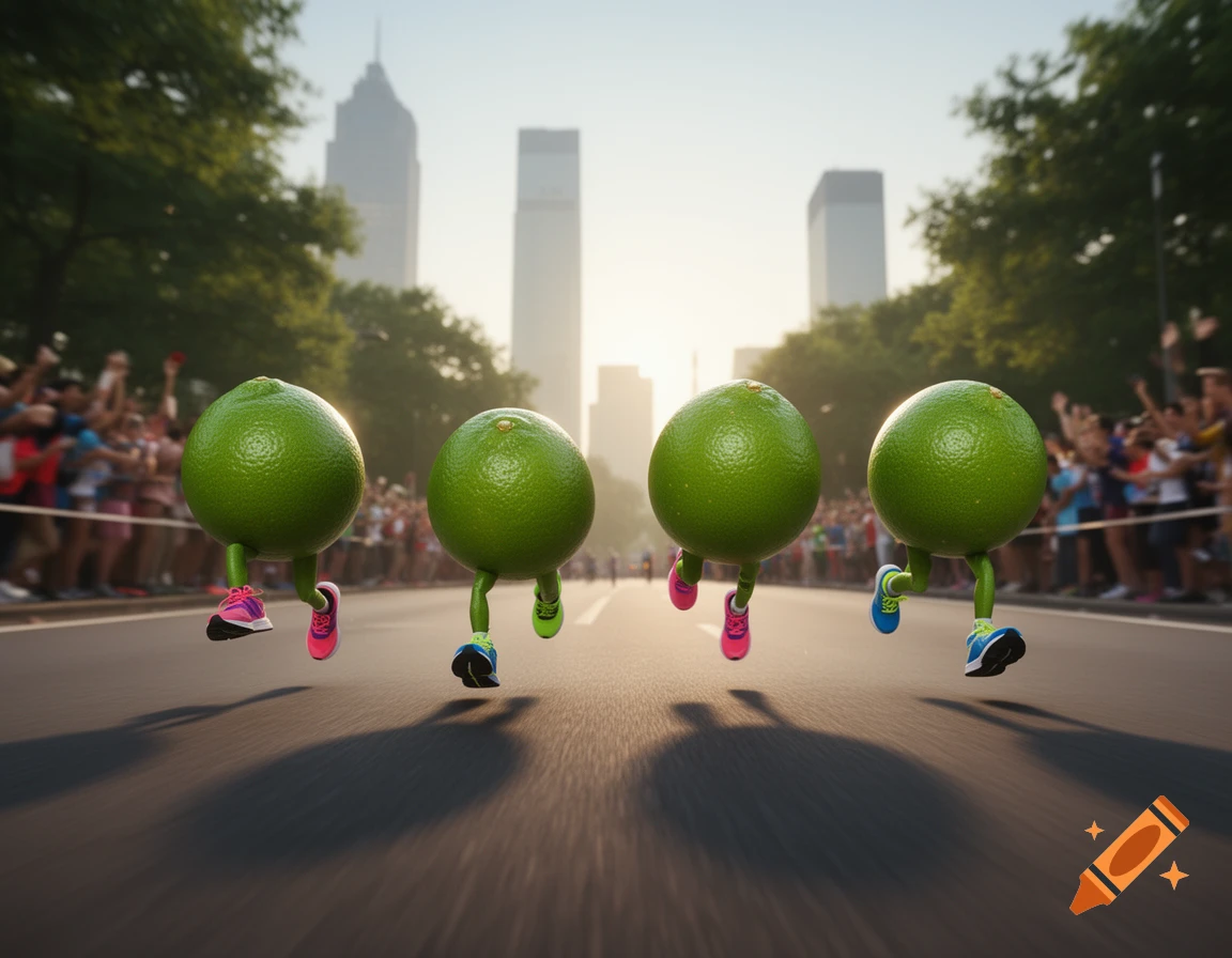 Four photorealistic limes with legs and colorful running shoes sprint down a city street, with a blurred crowd and skyscrapers in the background.