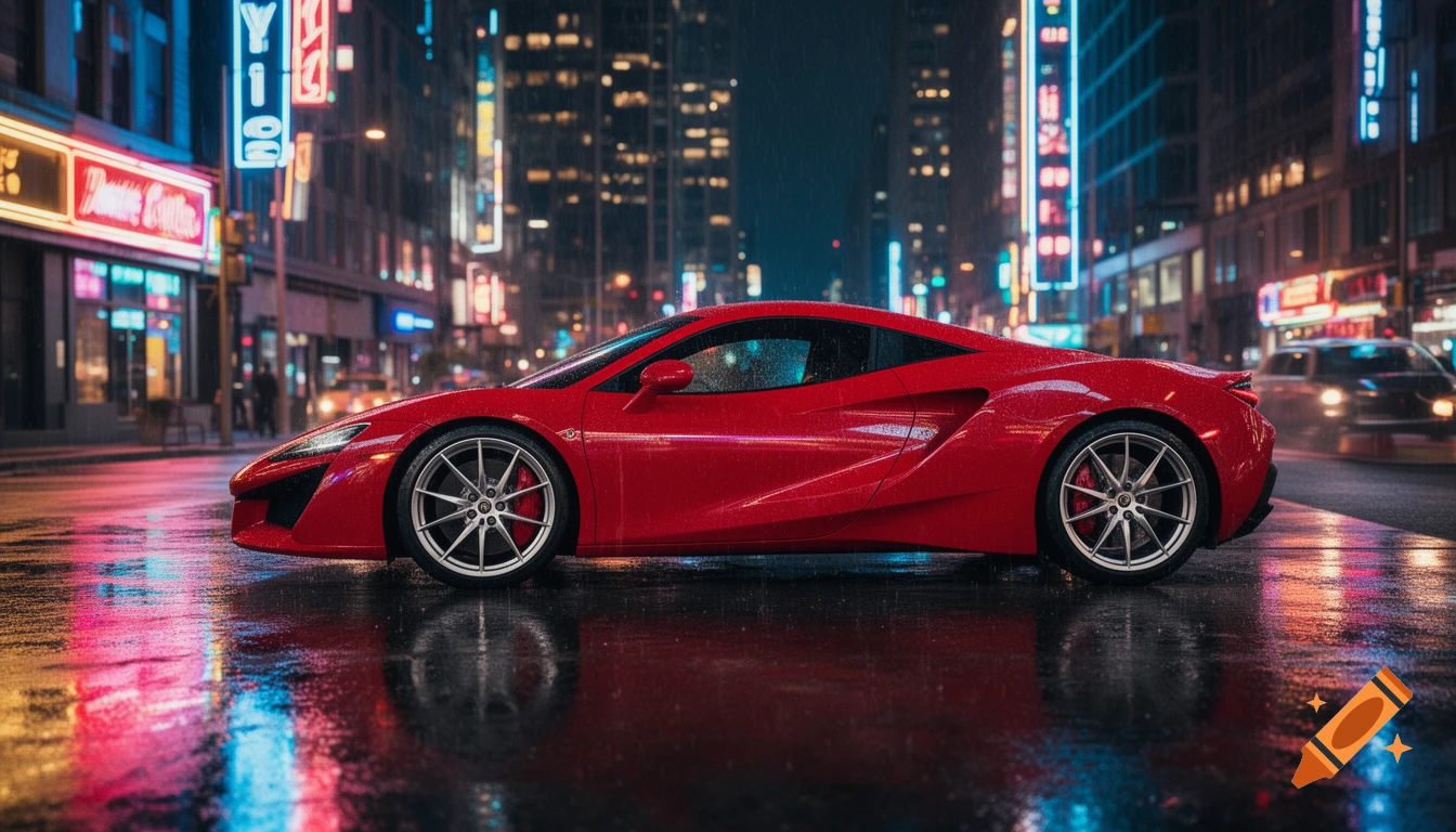 A sleek red sports car parked on a rainy city street at night, with colorful neon signs reflecting on the wet pavement.