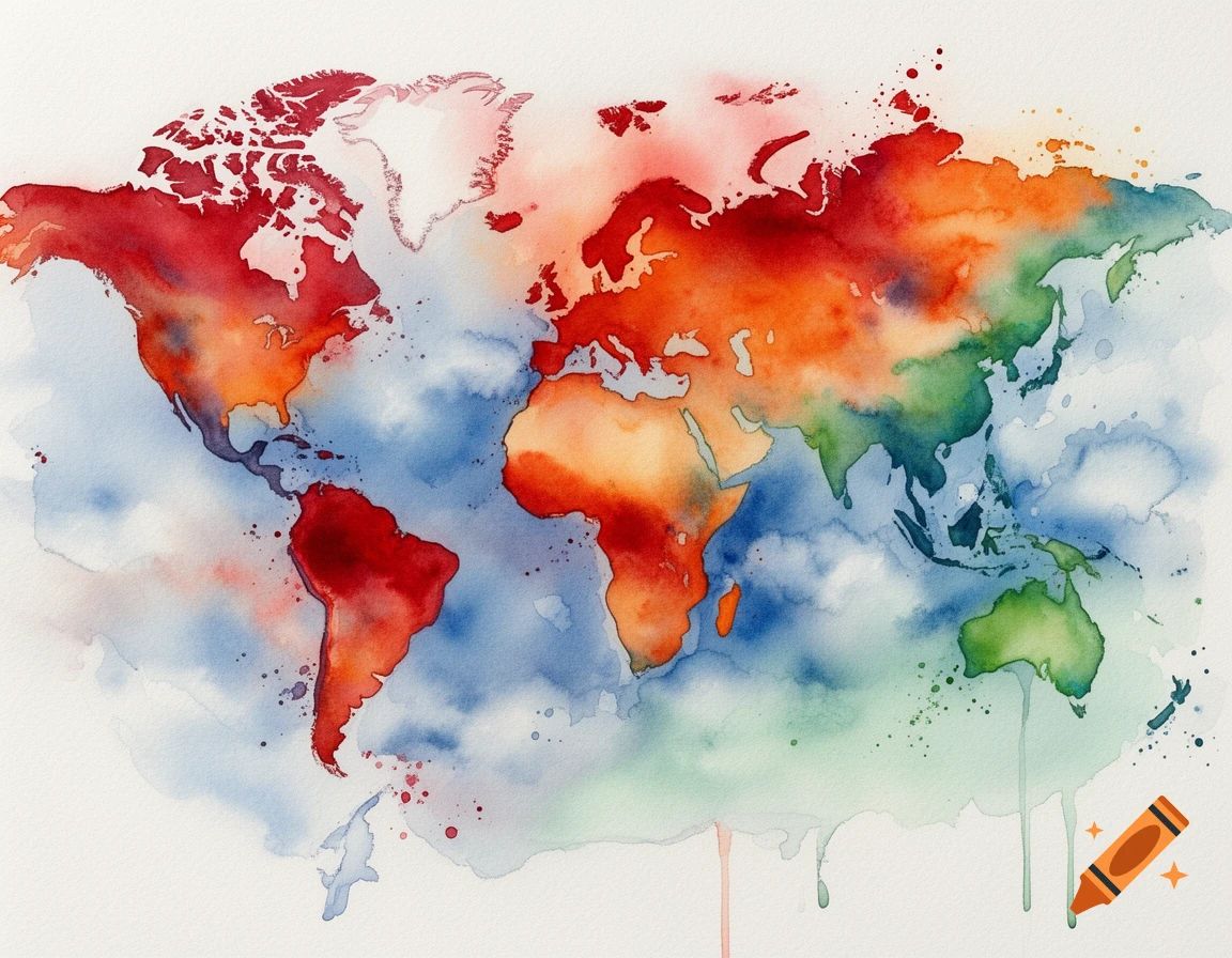 Vibrant watercolor world map with continents in red, orange, and green against a blue, cloud-like background.