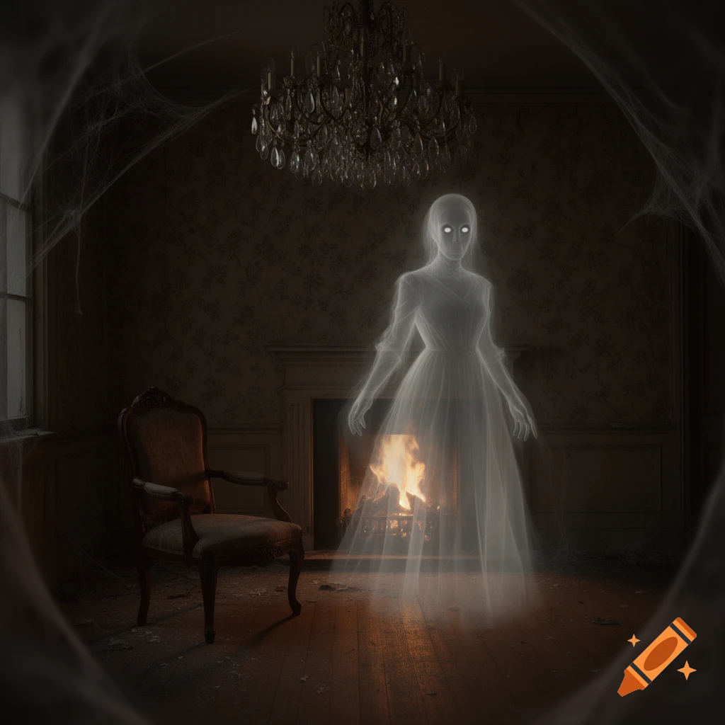 A translucent white ghost with glowing eyes stands by a fireplace in a dimly lit, dusty, and cobweb-filled haunted mansion room with a chandelier and an old chair.