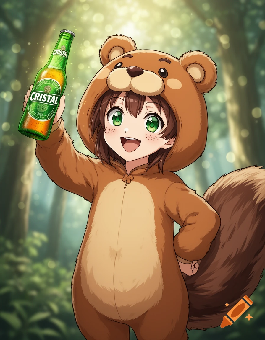 Smiling anime girl in a brown beaver costume holding up a green CRISTAL beer bottle in a forest.