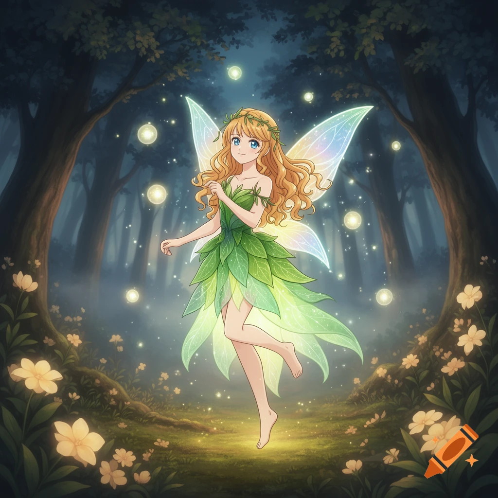 An anime fairy with long honey blonde hair and blue eyes, wearing a leafy green dress and glowing wings, floats in a magical forest surrounded by glowing orbs and white flowers.