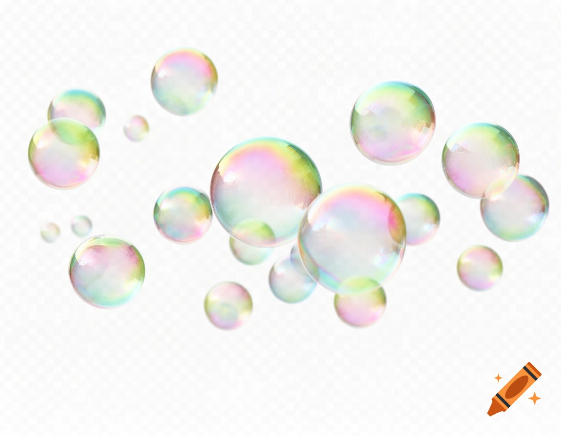 Multiple iridescent soap bubbles with colorful reflections float against a transparent background.