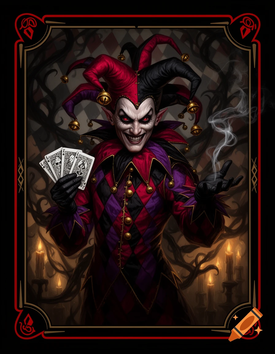 A grinning evil jester in a red and purple harlequin outfit, holding playing cards, with smoke and candles in a dark, stylized illustration.