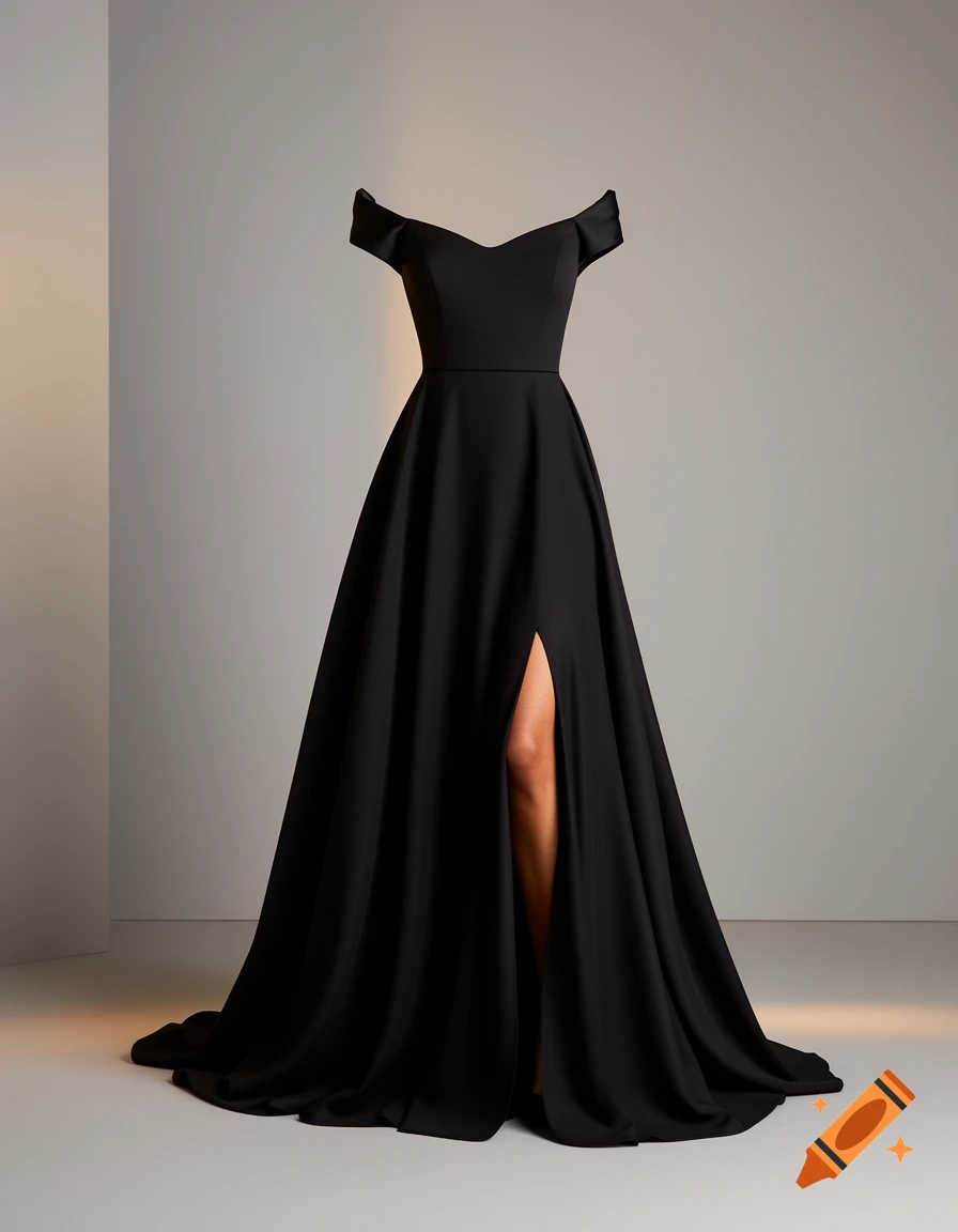 An elegant, off-the-shoulder black dress with a thigh-high slit and flowing skirt, displayed on a headless mannequin.