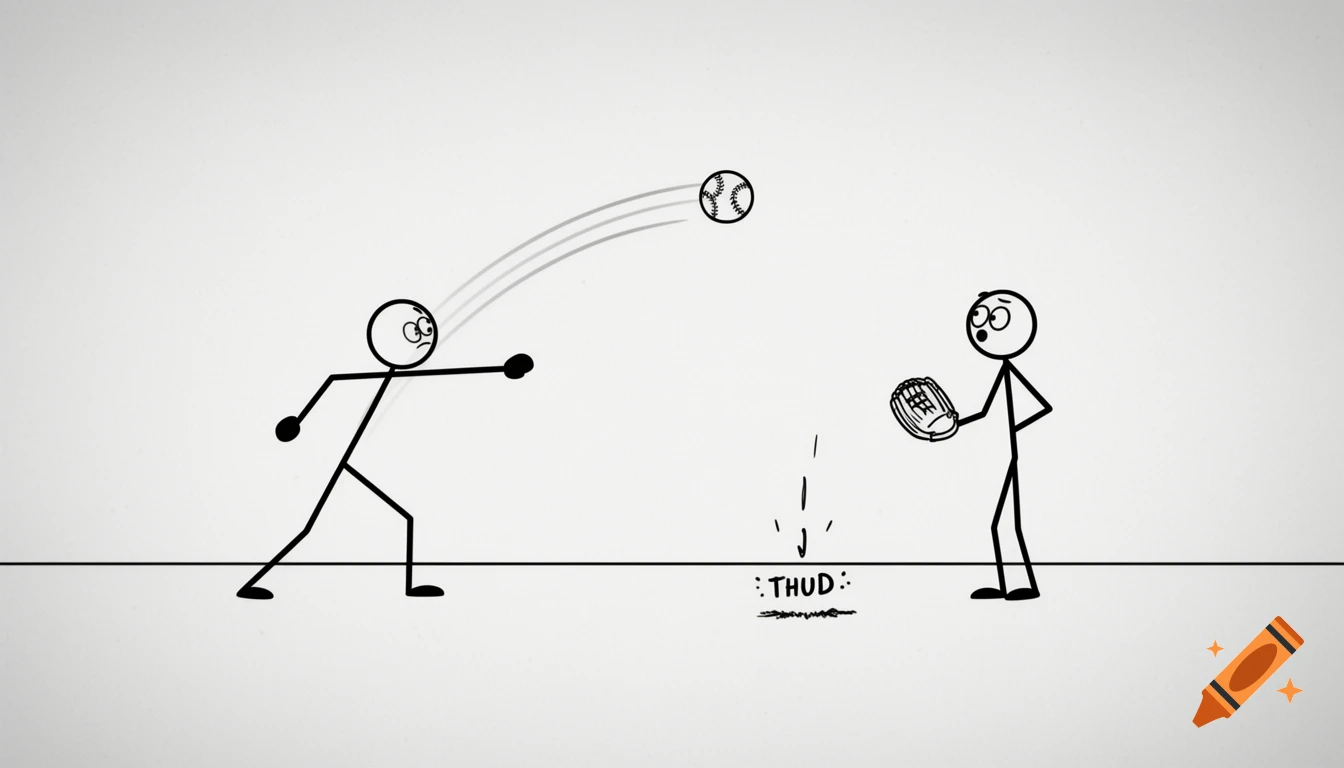 A cartoon stick figure throws a baseball past another stick figure with a glove, as the ball lands on the ground with a "THUD".