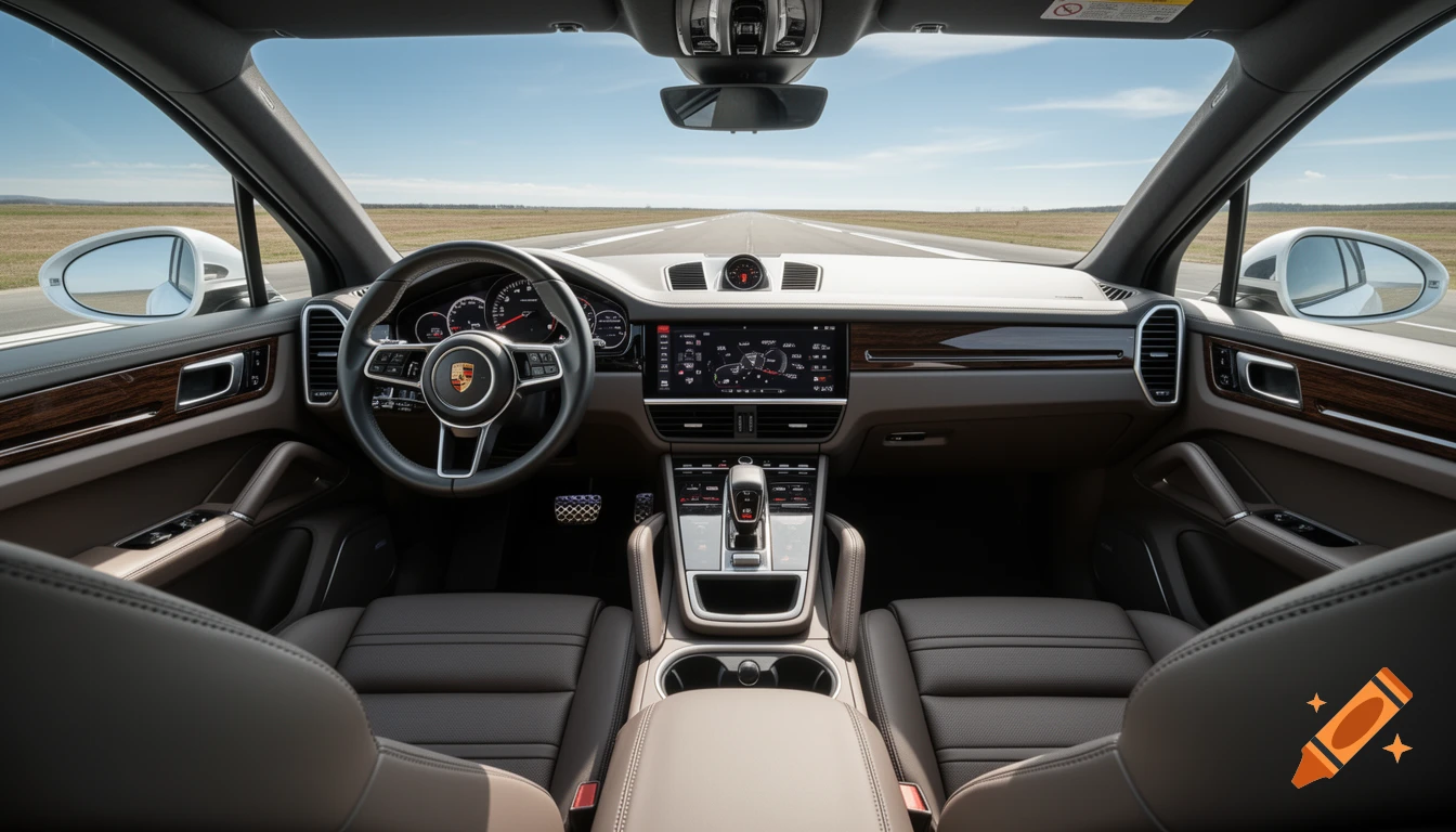 First-person view from the driver's seat of a modern Porsche Cayenne interior, showing the steering wheel, dashboard, infotainment screens, and brown leather seats, with a road stretching into the distance through the windshield.