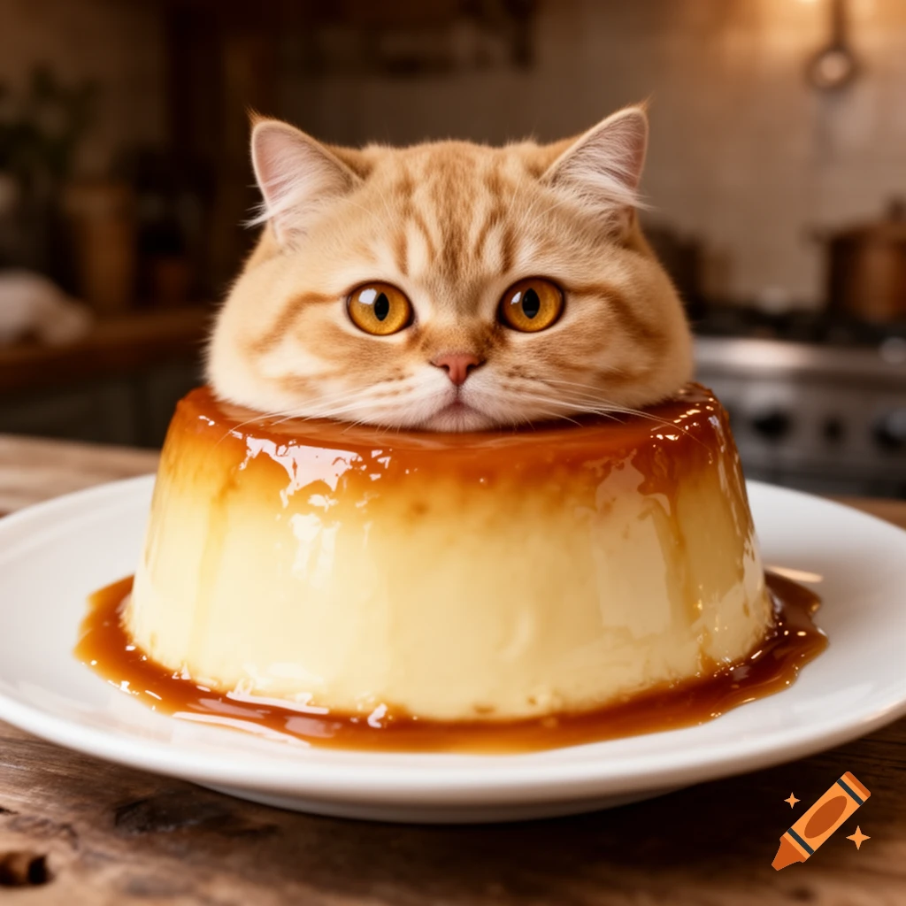 A cute ginger cat's head with large orange eyes peeking out from a golden flan covered in caramel sauce, on a white plate.