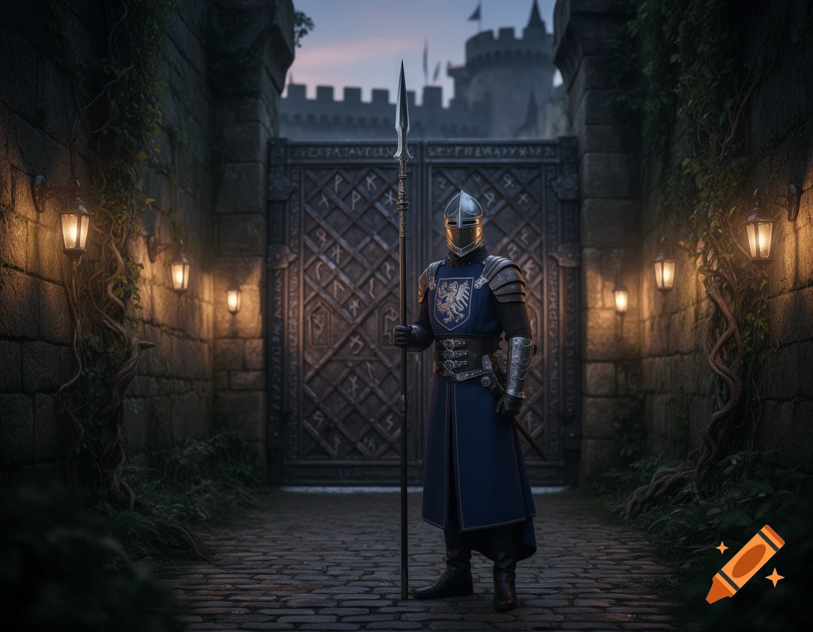 A knight in blue and silver armor stands guard with a spear outside a large, dark castle gate illuminated by lanterns at dusk.