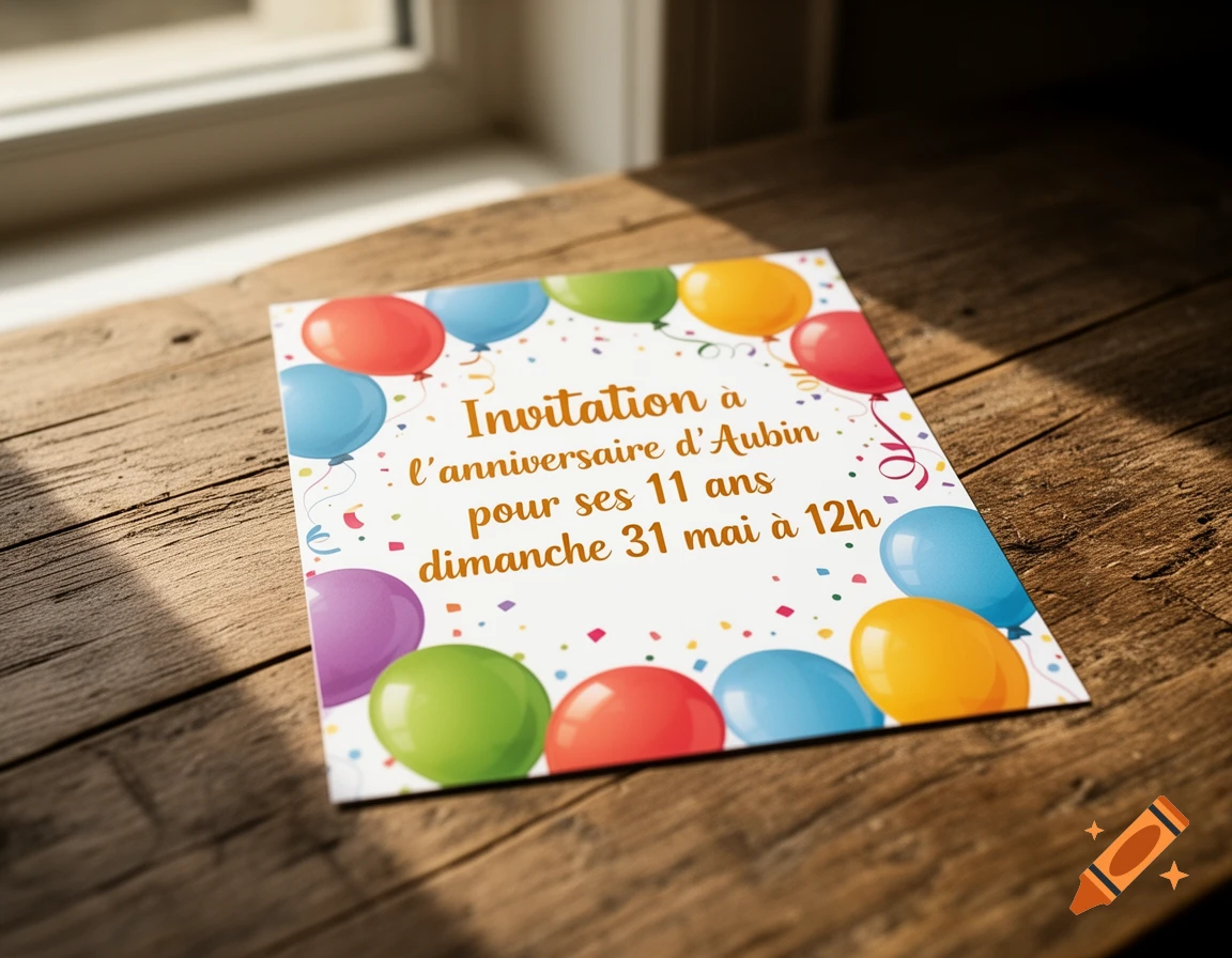 A birthday invitation card with colorful balloons and confetti, lying on a wooden table near a window.