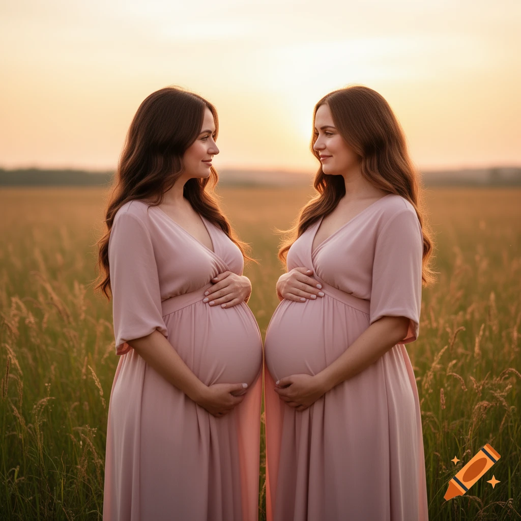 Two pregnant women in pink dresses stand in a grassy field at sunset, looking at each other.