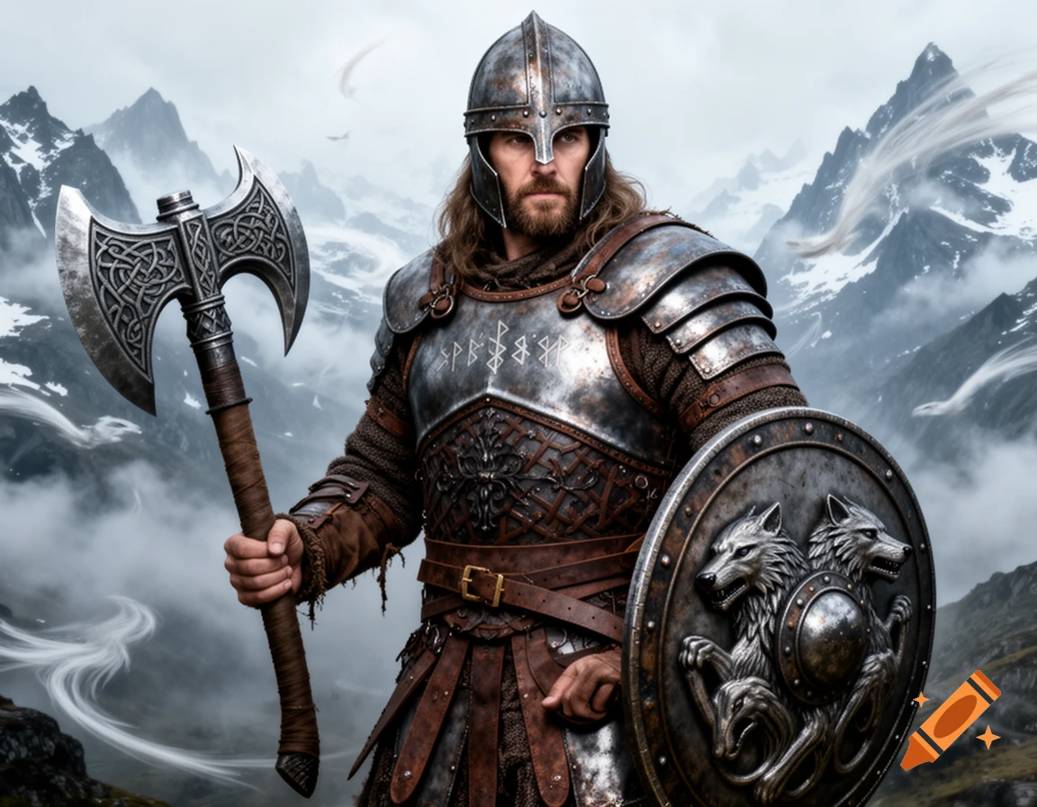 A warrior in detailed armor and a helmet, holding a double-bladed axe and a wolf-emblazoned shield against a backdrop of misty mountains.