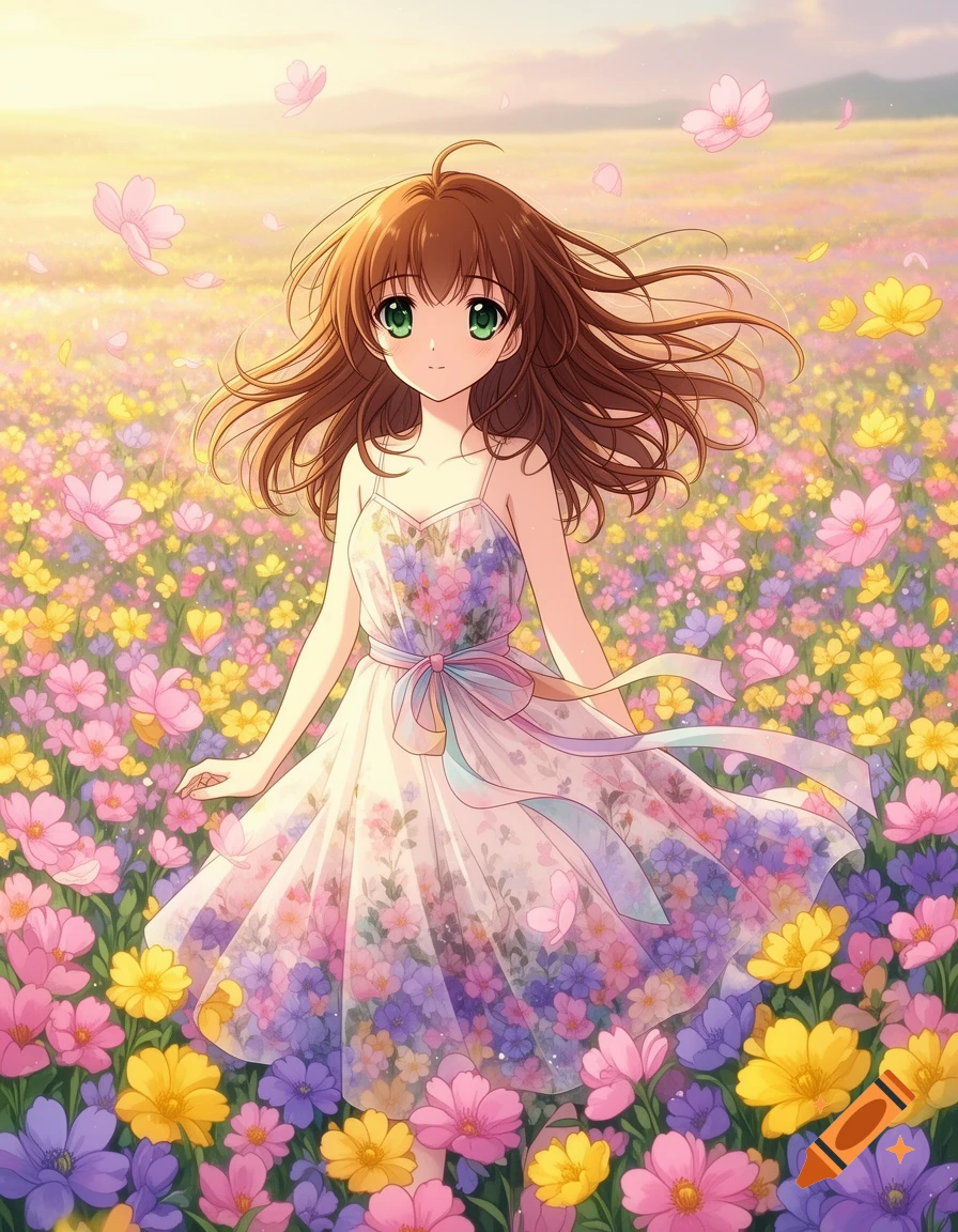 An anime girl with brown hair and green eyes in a floral dress stands in a vibrant field of pink, purple, and yellow flowers under a bright sky.