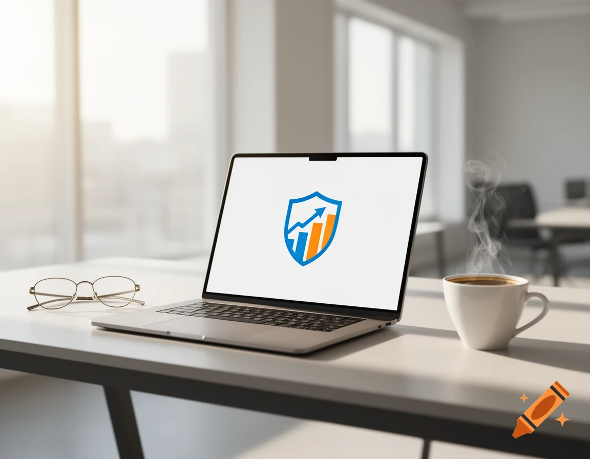 A photorealistic image of a laptop displaying a shield logo with an arrow and bar graphs, glasses, and a steaming coffee cup on a white office desk.