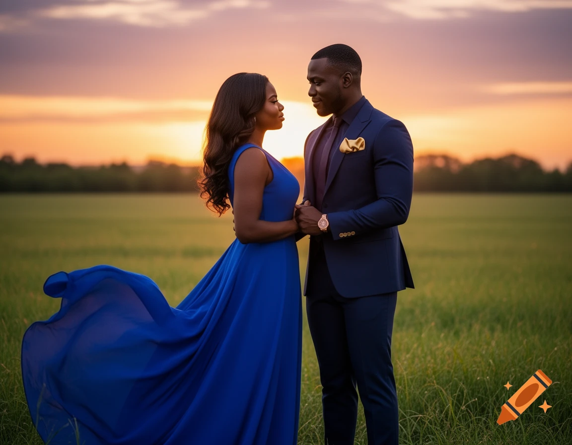 A Black couple in formal attire holding hands, gazing at each other in a golden sunset over a grassy field.