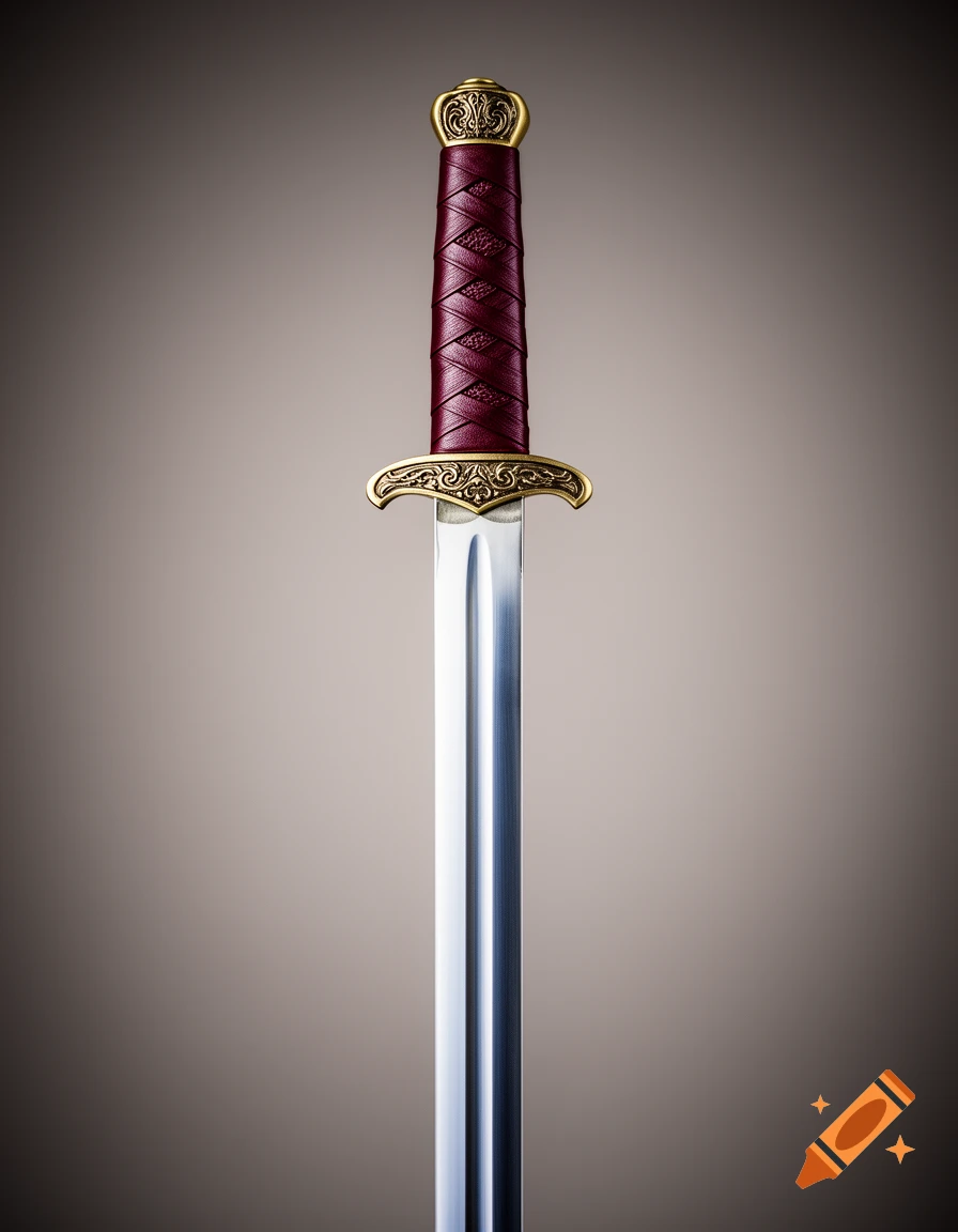 A photorealistic image of an ornate sword with a red hilt and gold accents, against a grey background.