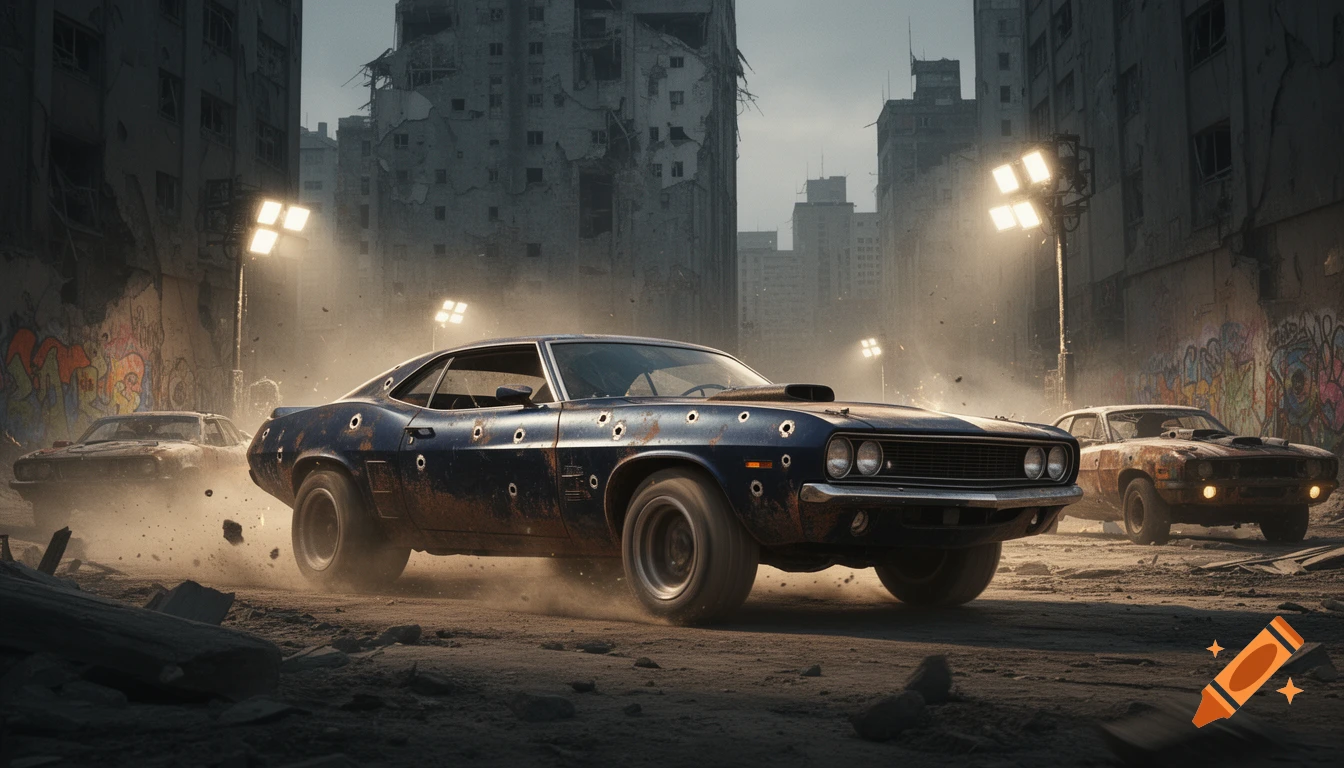 A blue, bullet-riddled muscle car races through a dusty, ruined city street, with other damaged vehicles and demolished buildings in the background, in a photorealistic style.