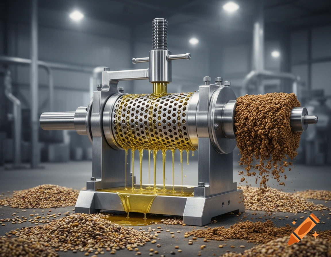 A metal screw press machine extracts yellow oil from seeds, with seed cake at one end and oil dripping below.