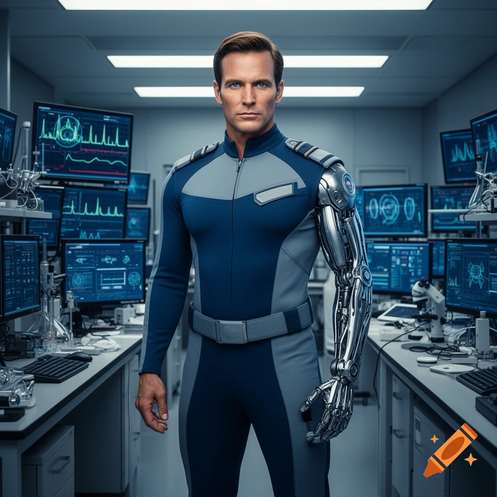 A man in a futuristic blue and gray suit with a metallic robotic arm stands in a high-tech laboratory filled with glowing computer screens.