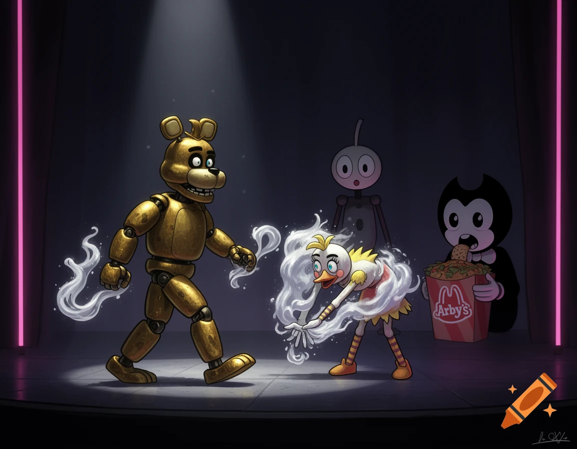 Golden Freddy walks as white smoke emanates from him, engulfing Chica who bends down. Bendy the Ink Demon eats from an Arby's bucket with a McDonald's logo, while Baldi watches, surprised.