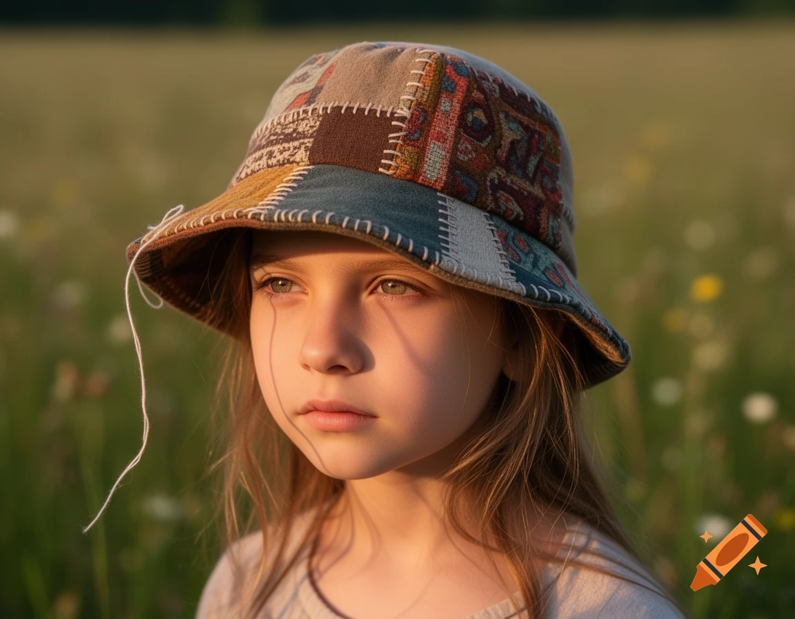 A young girl with a thoughtful expression wears a colorful patchwork bucket hat in a sunny field.